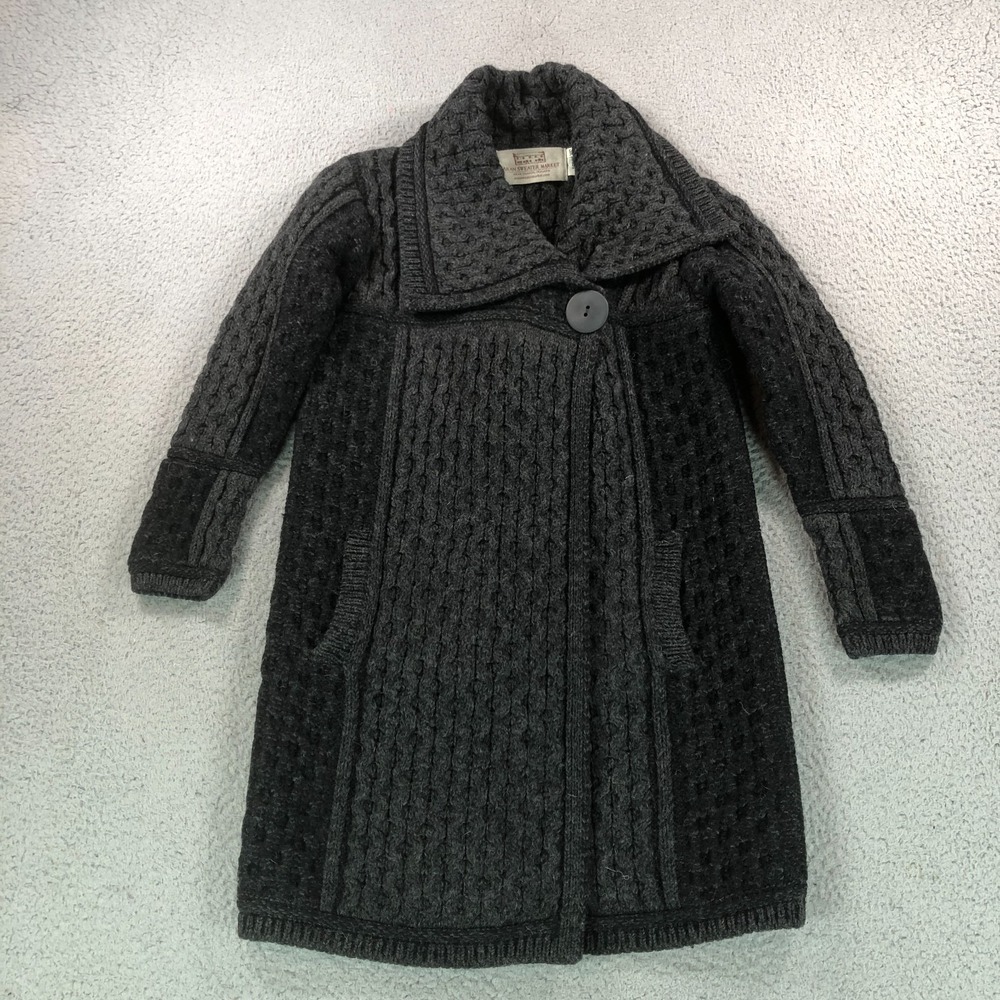 Aran Sweater Market Womens XS Black Gray Merino Wool Cable Knit Button Pockets